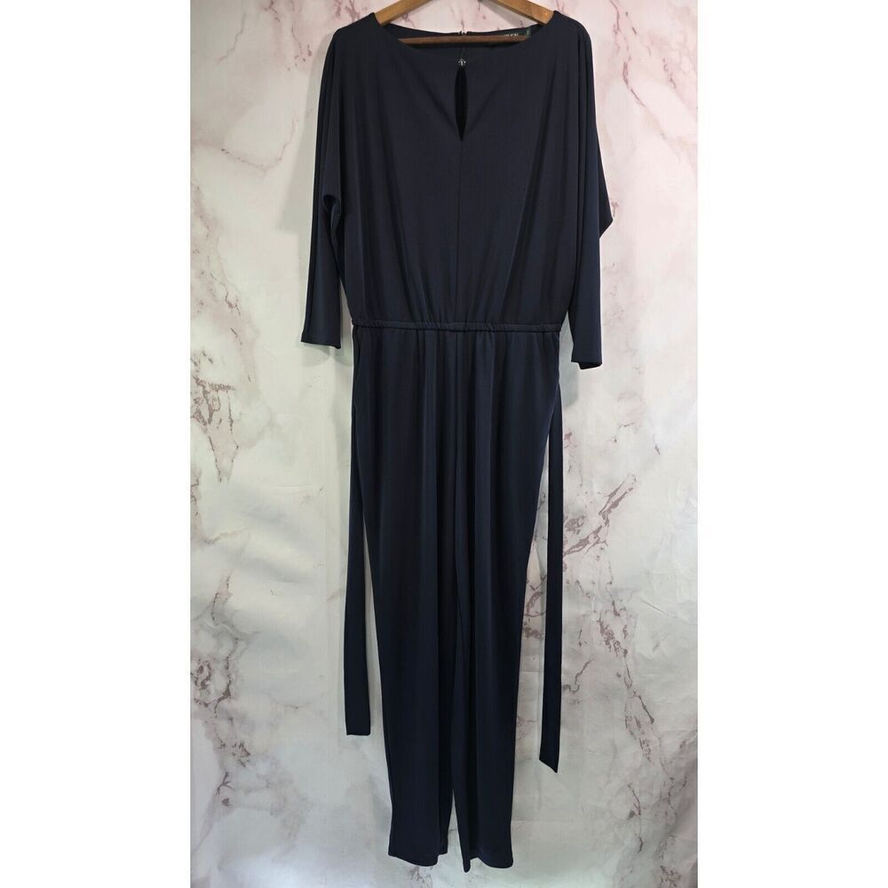 LRL Ralph Lauren Jumpsuit Womens Medium Blue Batwing Keyhole Straight Leg Tie